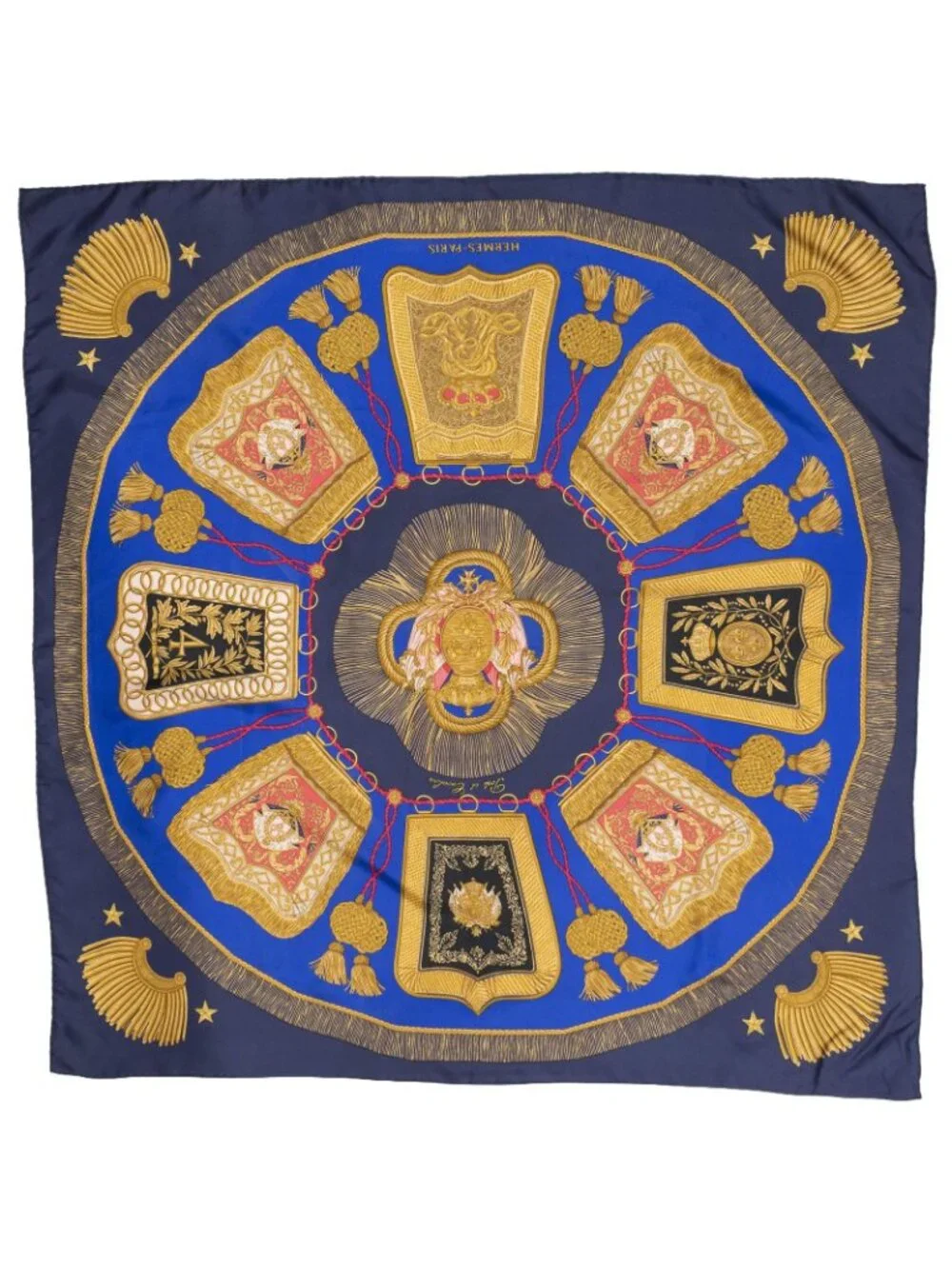 Hermes Scarf Navy Blue Gold Silk